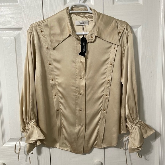 Vivienne Hu Women’s NWT Long Sleeve Gold Silk Style Large collar size 2 - Picture 12 of 16